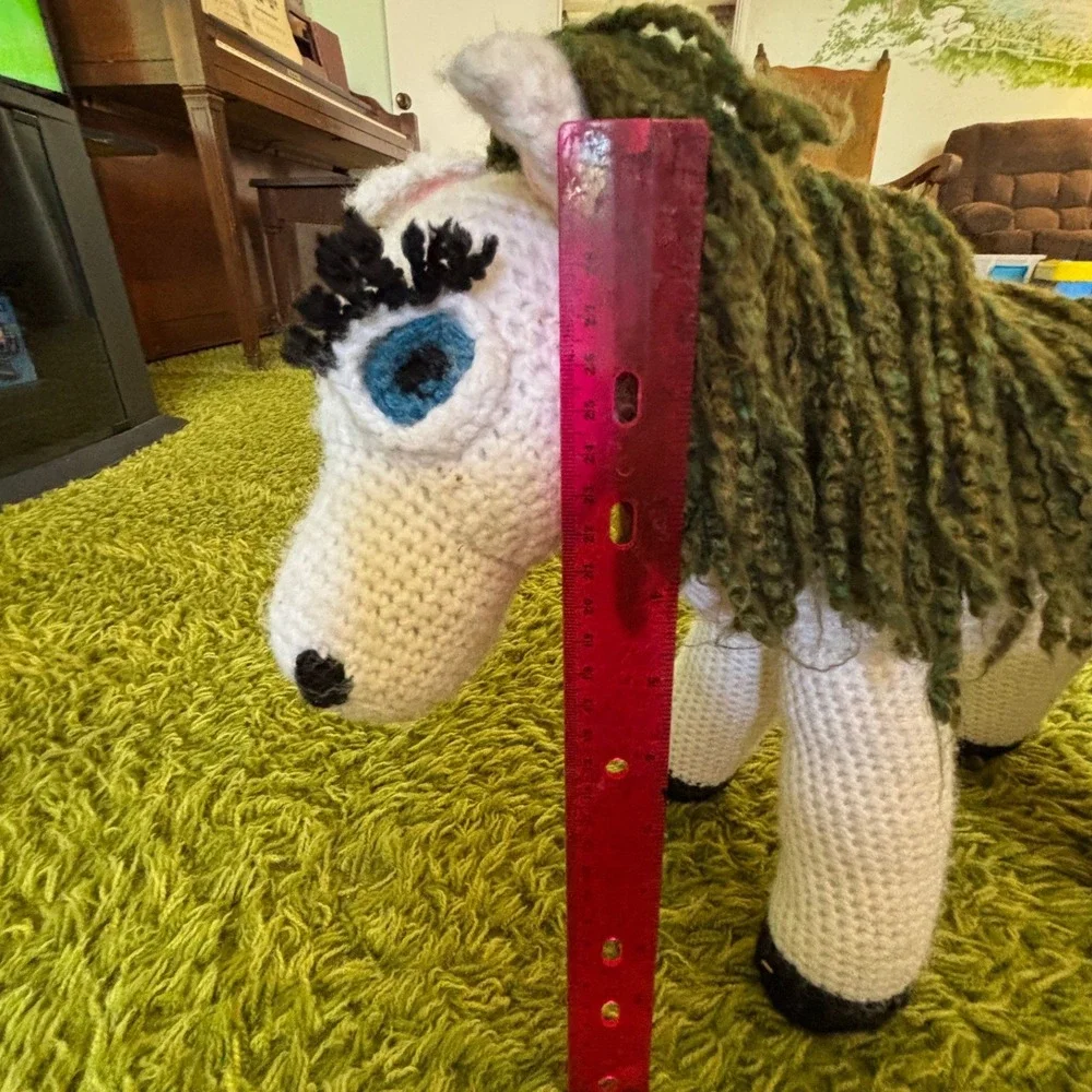 Handmade Crochet Horse Plush White Green Mane Amigurumi Folk Art Pony 12